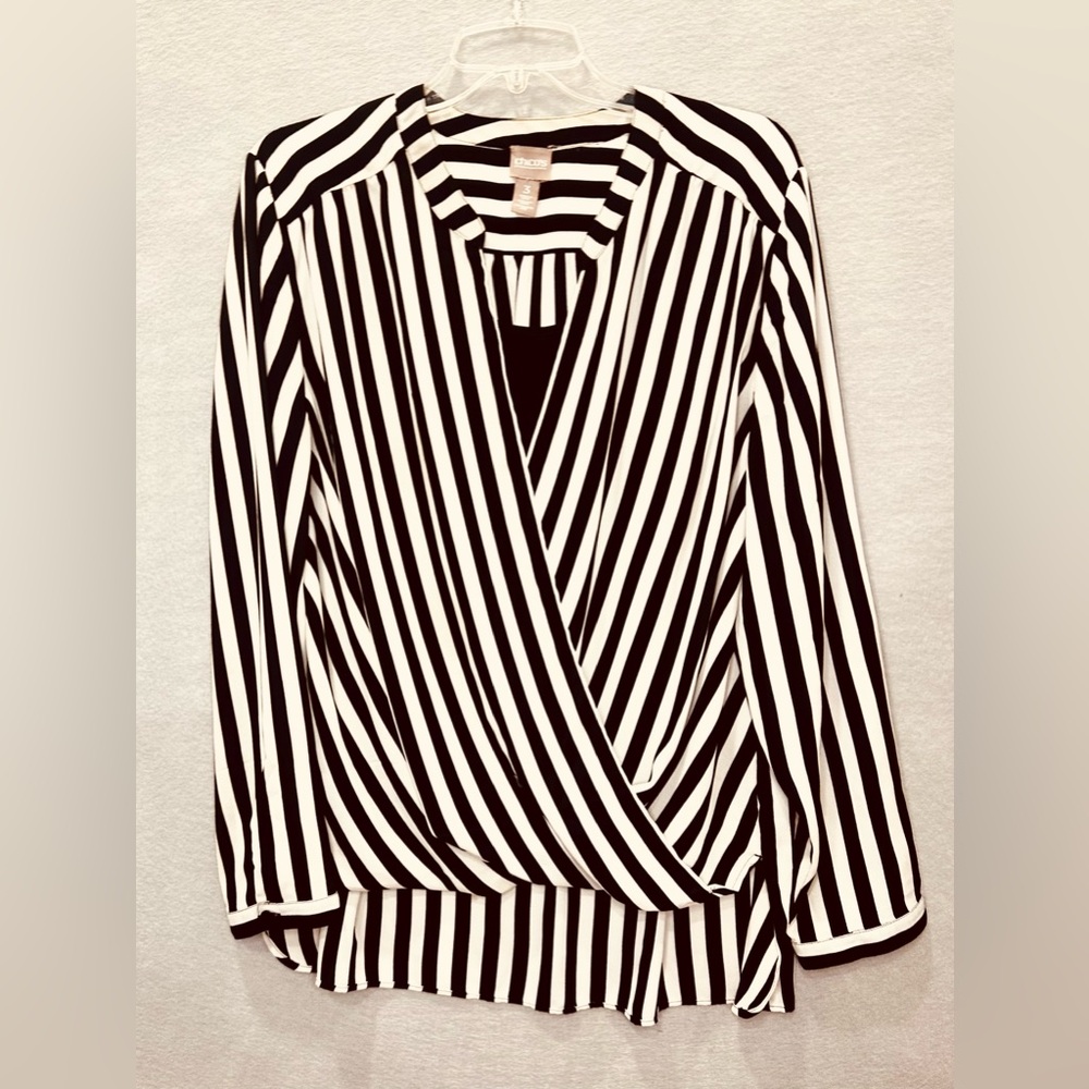 Chico's Size 3 Black and White Hi-Low Wrap Striped Blouse